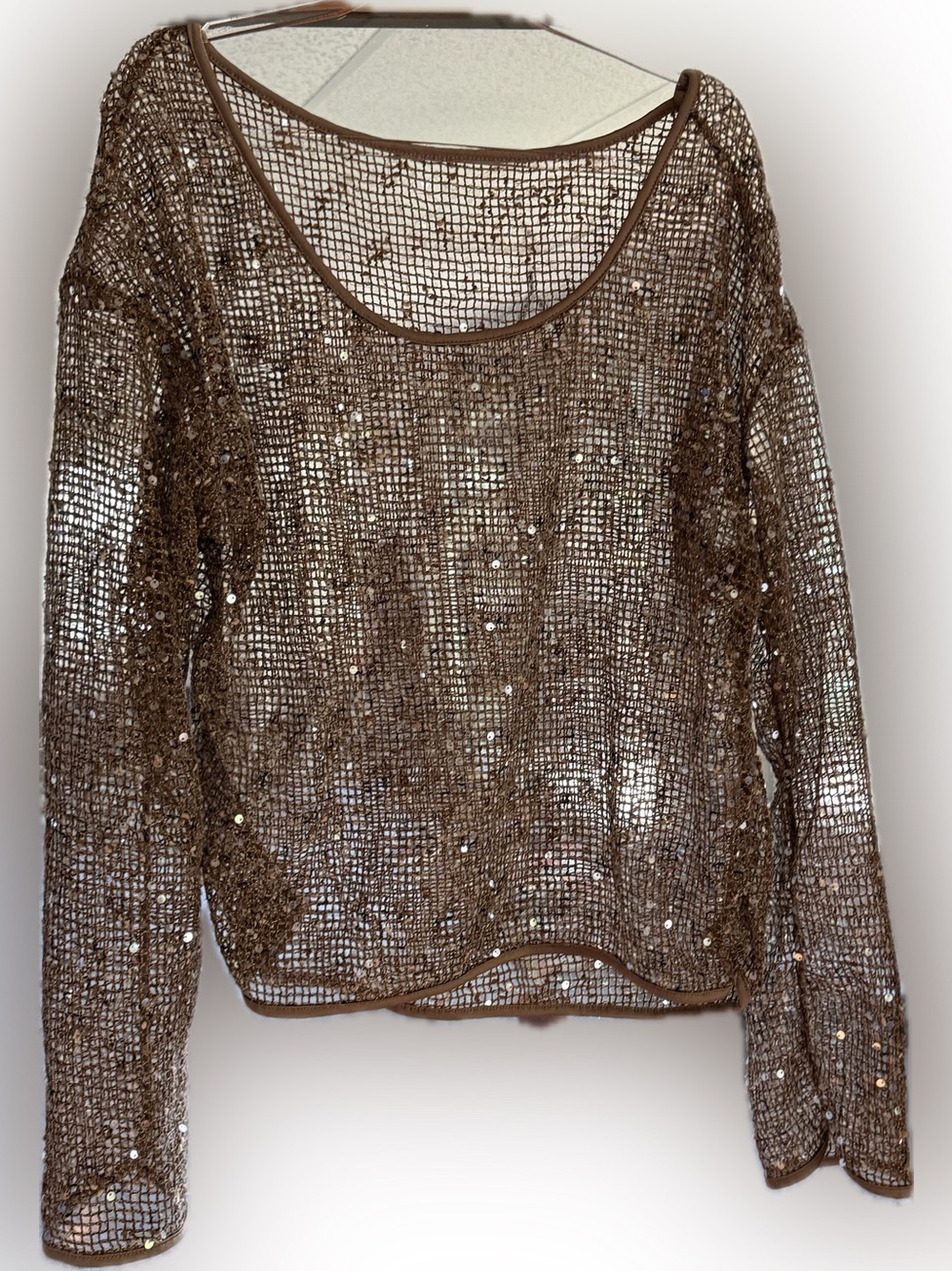 Brown Sequin Mesh Long Sleeve Top MEDIUM